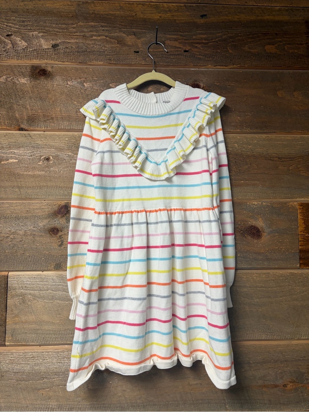 Janie & Jack Girls Size 12 Confetti Rainbow Stripe Ruffle Knit Sweater Dress